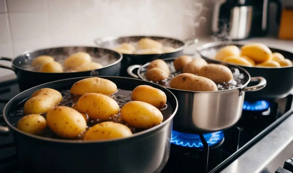 Flera kastruller med potatis som får koka på spisen. Ånga stiger från det bubblande vattnet.