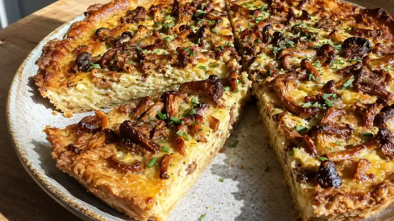 En gyllene kantarellpaj med en krämig fyllning, perfekt för ett höstligt kantarellpaj recept.