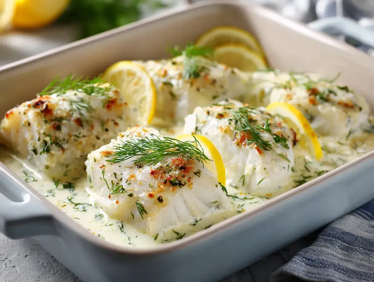 Ugnsbakad torskrygg i krämig sås med dill och citron, serverad i en ugnsform.
