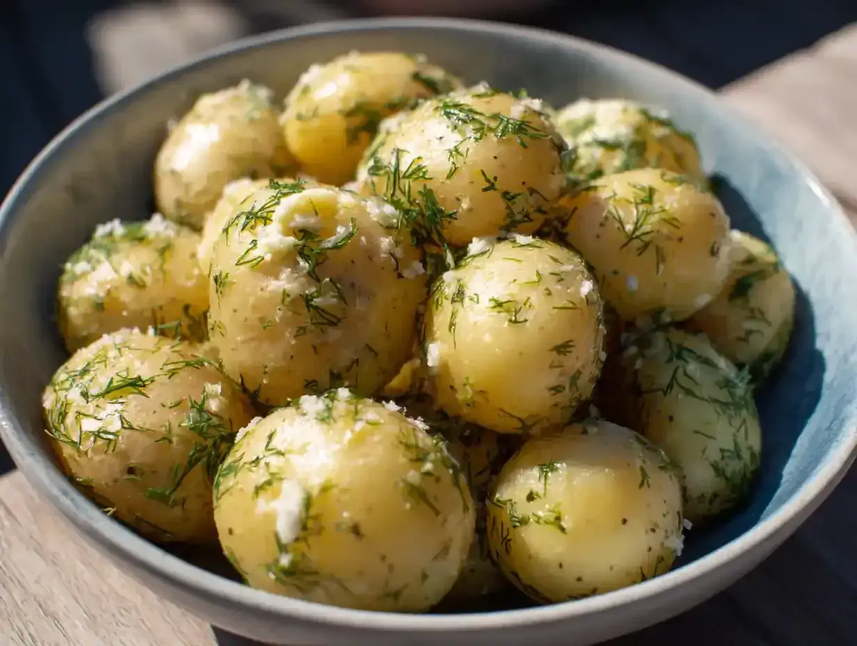 Nykokta småpotatisar med dill och smör i en blå skål. Perfekt till midsommar.