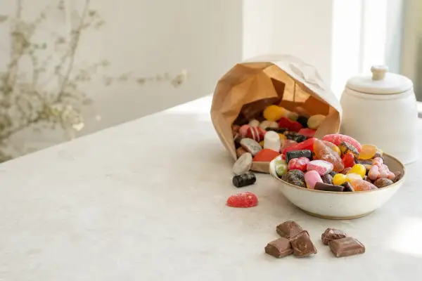 En skål med blandat godis, inklusive geléhallon och chokladbitar, bredvid en papperspåse som svämmar över av fler sötsaker. Perfekt för att temperera choklad till bakning.