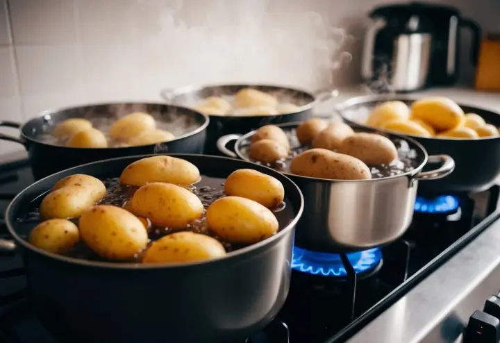 Flera kastruller med potatis som får koka på spisen. Ånga stiger från det bubblande vattnet.