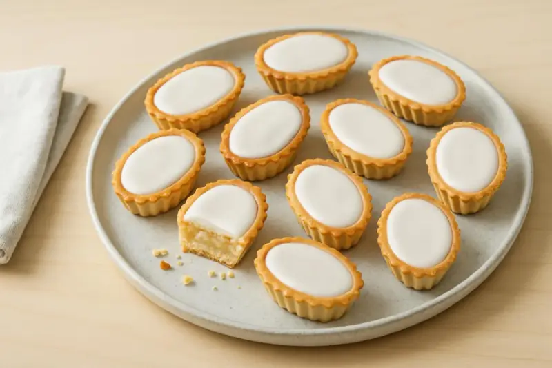 En tallrik med mazariner, en är uppskuren och visar mandelmassan. Perfekt för ett mazariner recept.