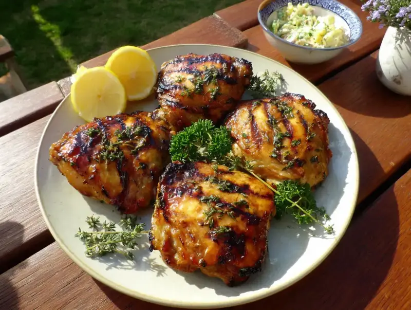Grillade kycklinglårfileer med örter och citronklyftor, serverade på en tallrik med potatissallad i bakgrunden.